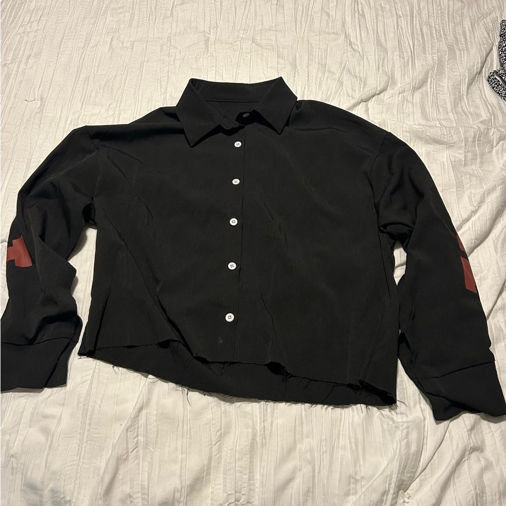 Black Button-Up Shirt with Red Accents